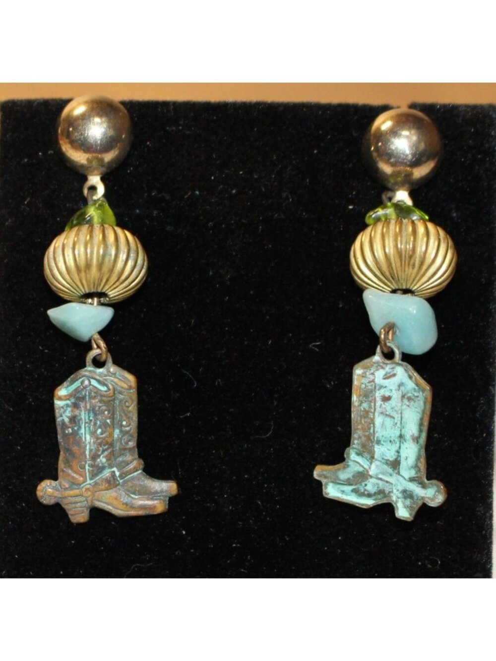 Vintage Western Verdigris Cowboy Boot Drop Dangle Earrings Turquoise Bead Post